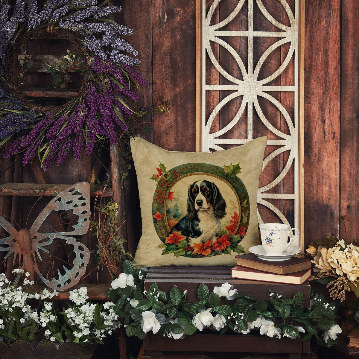 English Springer Spaniel Christmas Flowers Throw Pillow by Caroline's Treasures