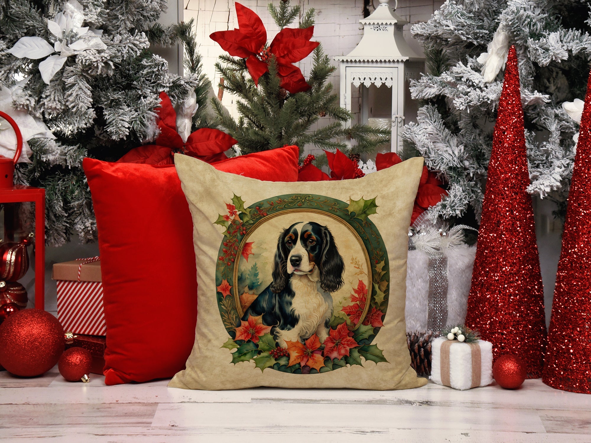 English Springer Spaniel Christmas Flowers Throw Pillow by Caroline's Treasures