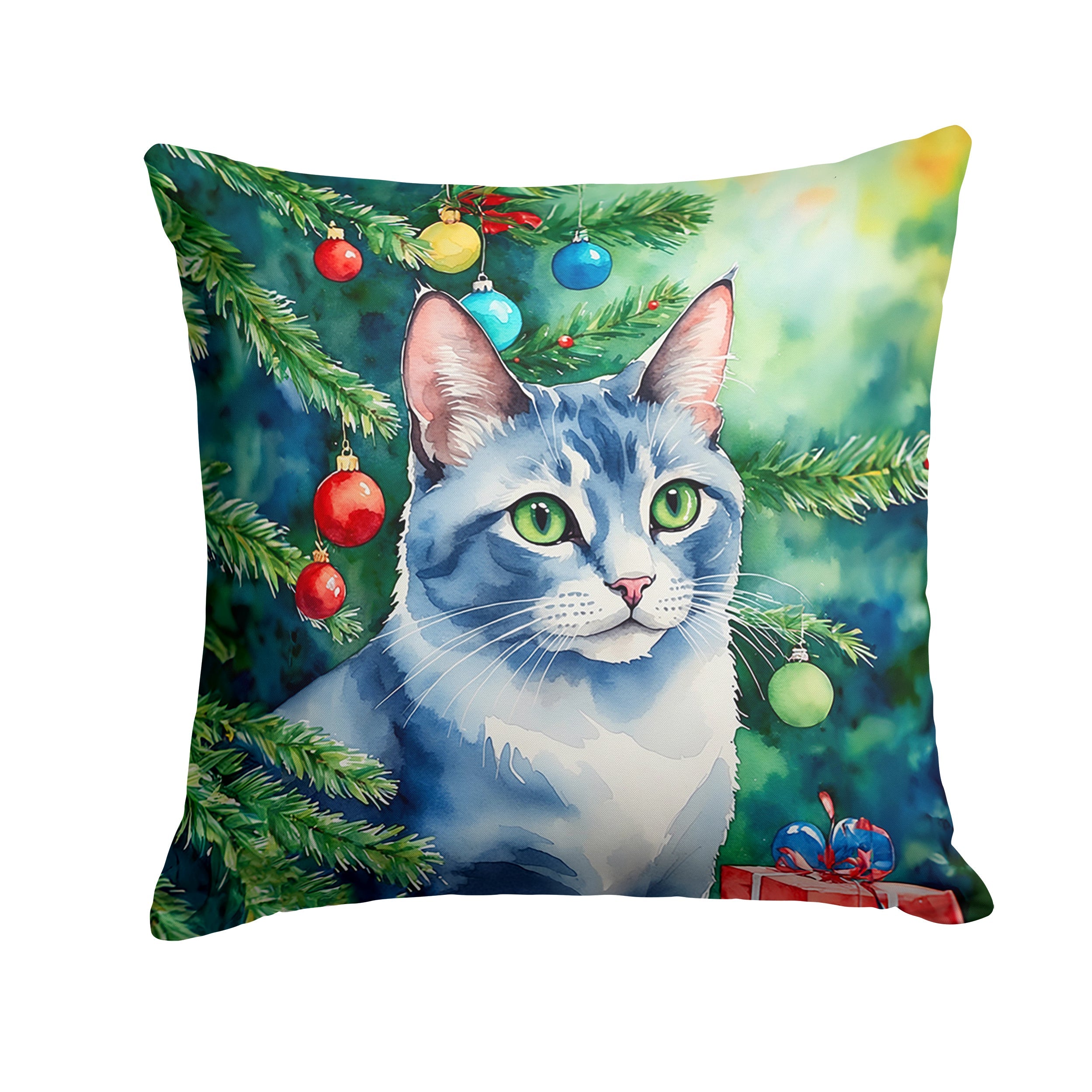 Ojos Azules Cat By the Christmas Tree Throw Pillow by Caroline's Treasures