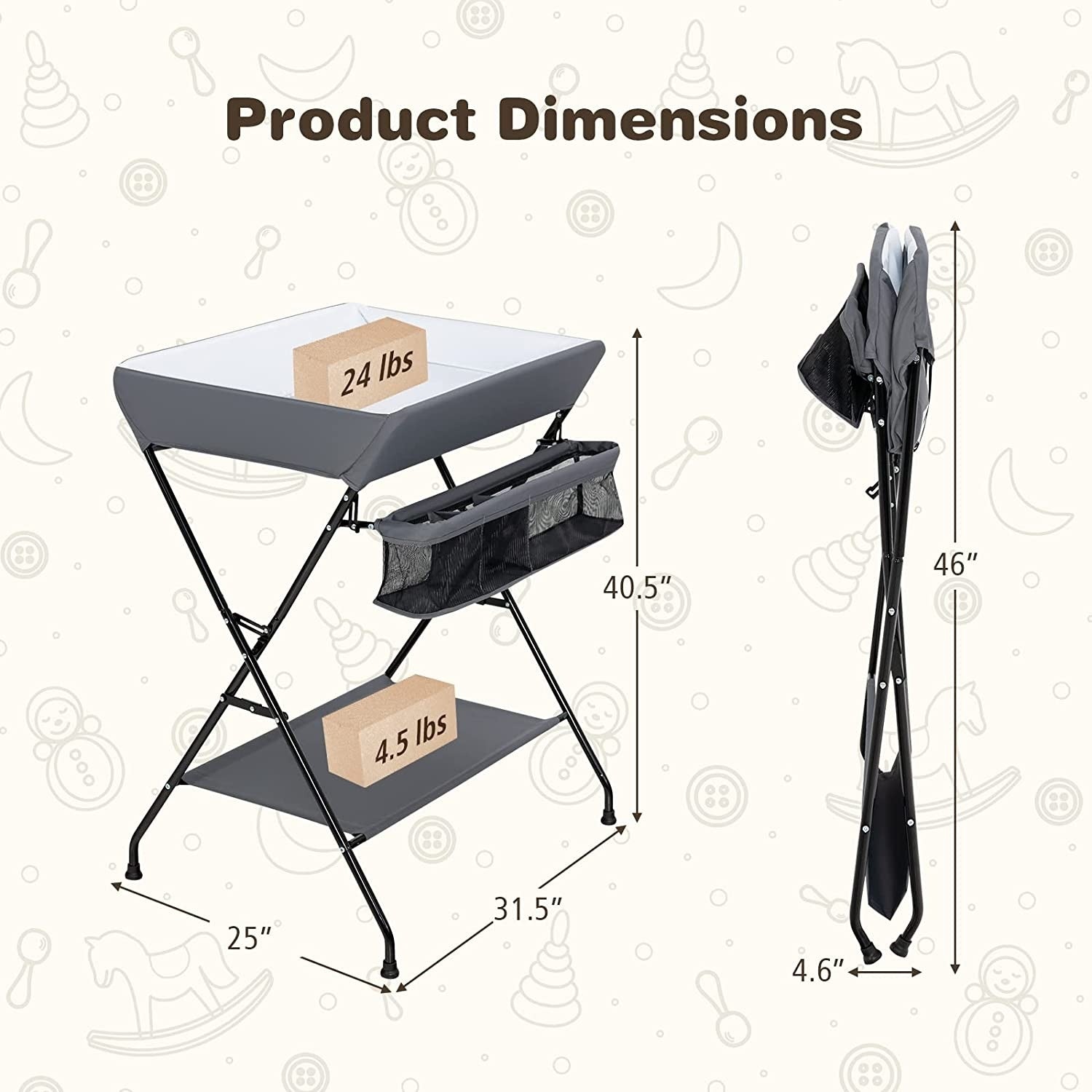 Grey Folding Wide Nursery Diaper Baby Changing Table by FastFurnishings