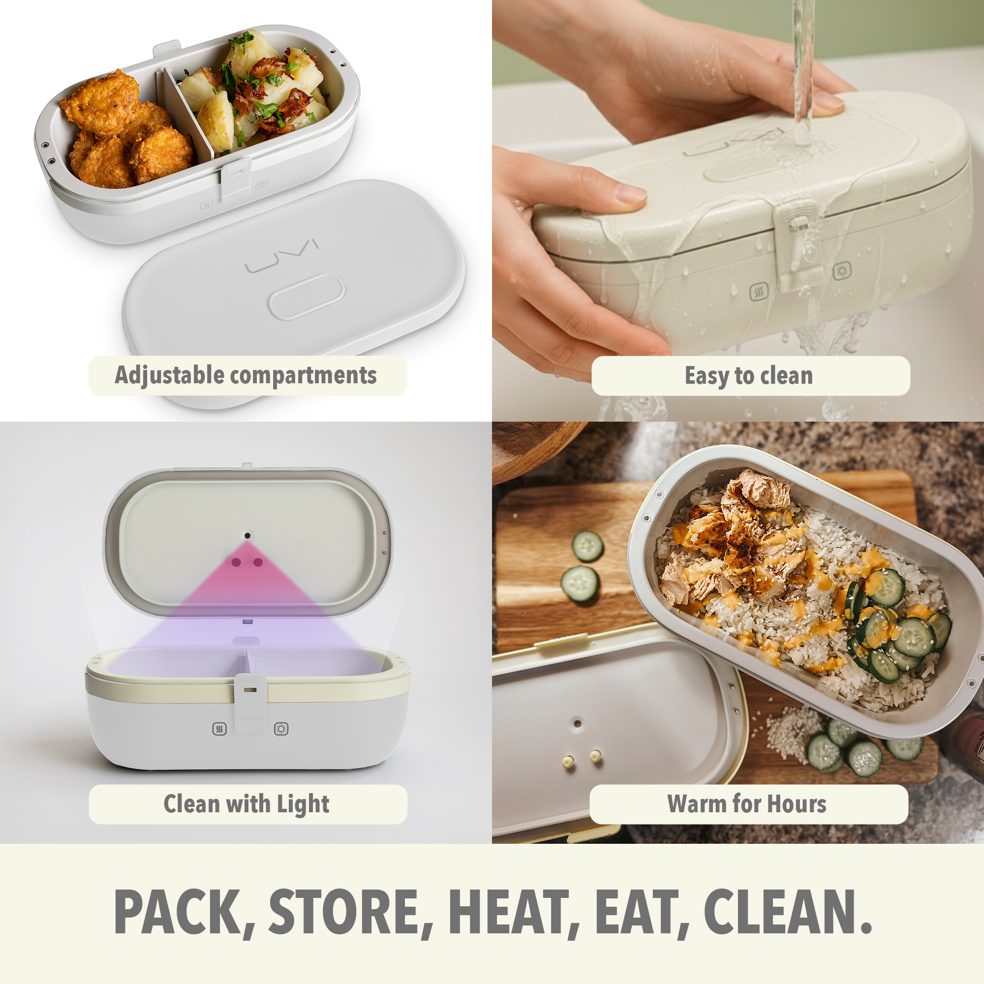 Self-Heating Lunch Box With USB-C Cord and UV LIGHT SANITIZER by Fritaire