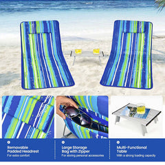 3 Pieces Beach Lounge Chair Mat Set 2 Adjustable Lounge Chairs with Table Stripe-Stripe by Homemaintenancesupplies2