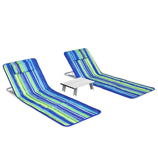 3 Pieces Beach Lounge Chair Mat Set 2 Adjustable Lounge Chairs with Table Stripe-Stripe by Homemaintenancesupplies2