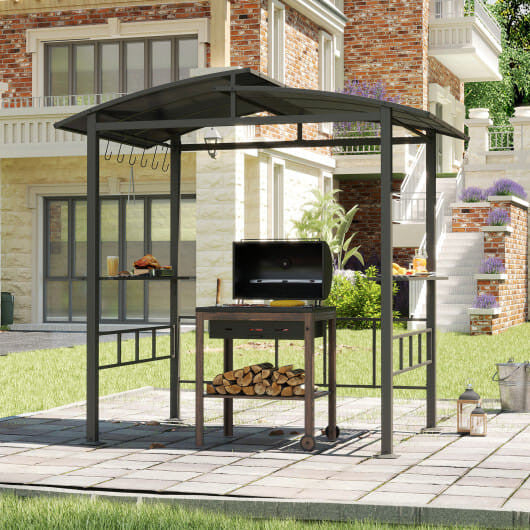 Hardtop Grill Gazebo with Vented Polycarbonate Roof Side Shelves-Black by Homemaintenancesupplies2