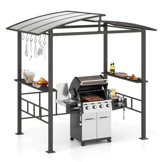 Hardtop Grill Gazebo with Vented Polycarbonate Roof Side Shelves-Black by Homemaintenancesupplies2