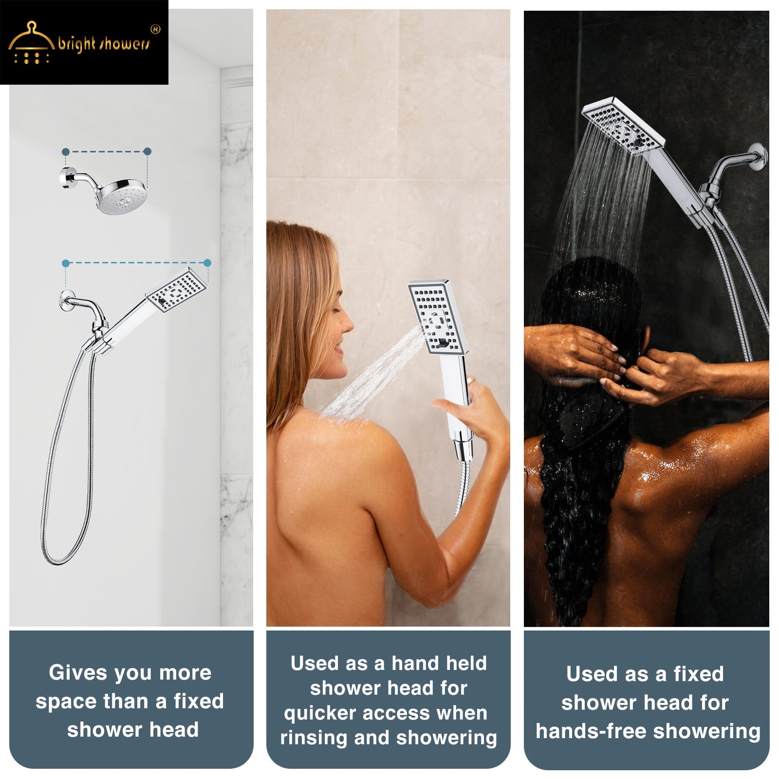 Square 3-Spray Handheld Shower Head Set with Hose and Shower Arm Mount Bracket by brightshowers
