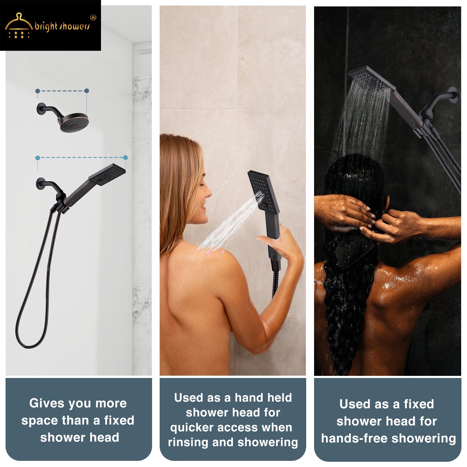 Square 3-Spray Handheld Shower Head Set with Hose and Shower Arm Mount Bracket by brightshowers