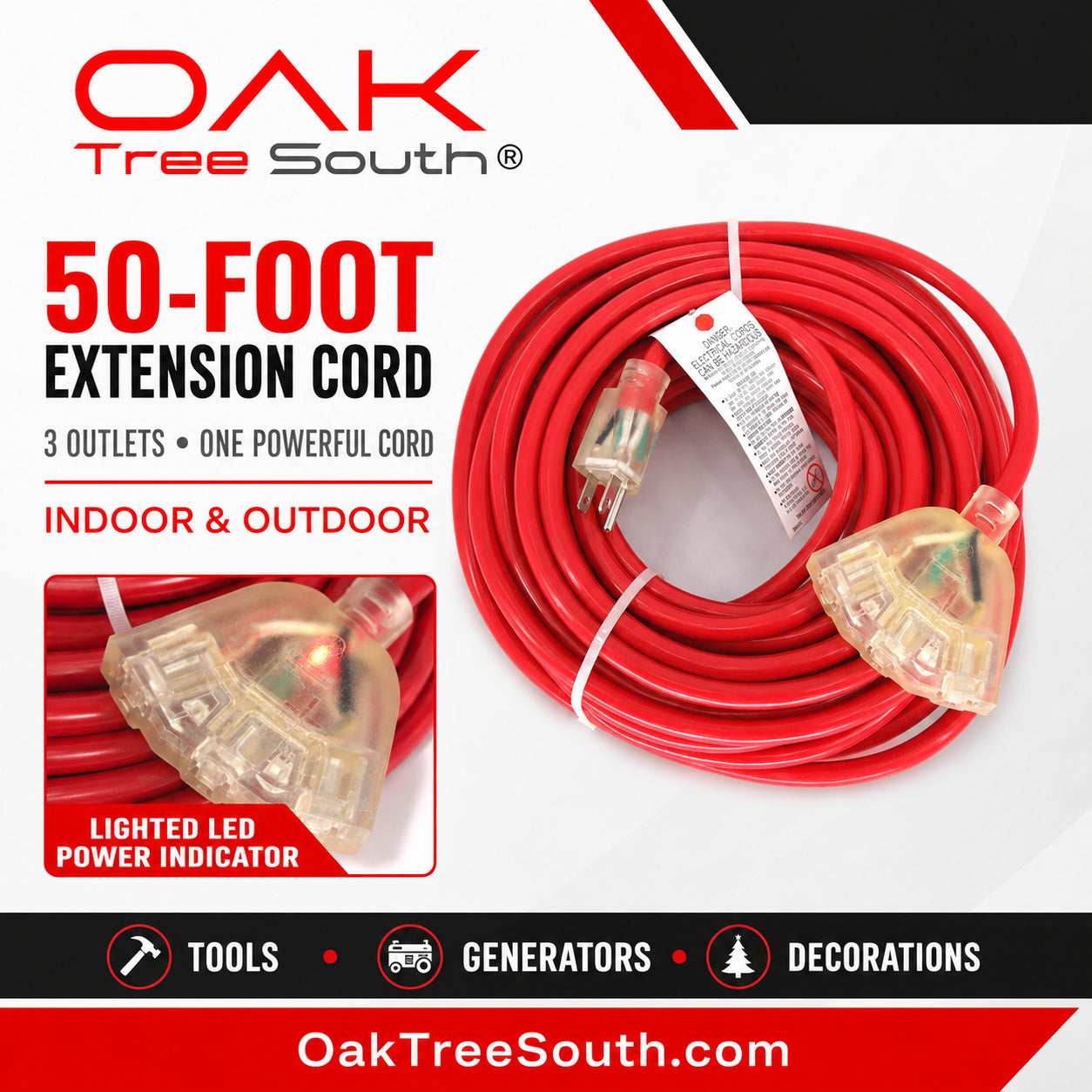 50-foot Extension Cord with 3 Outlets by Oak Tree South