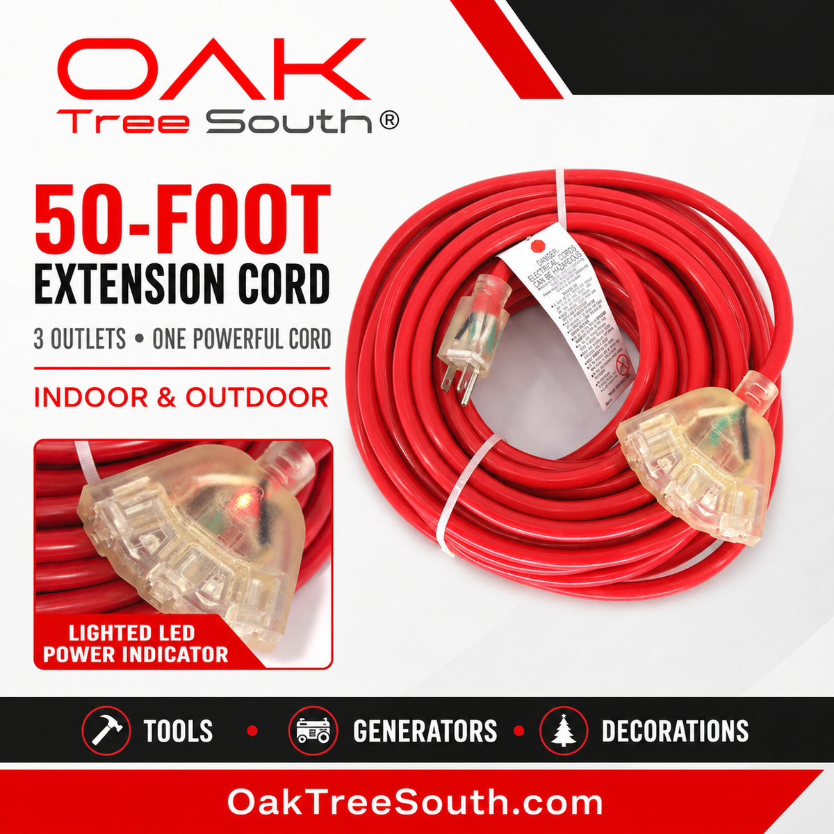50-foot Extension Cord with 3 Outlets by Oak Tree South