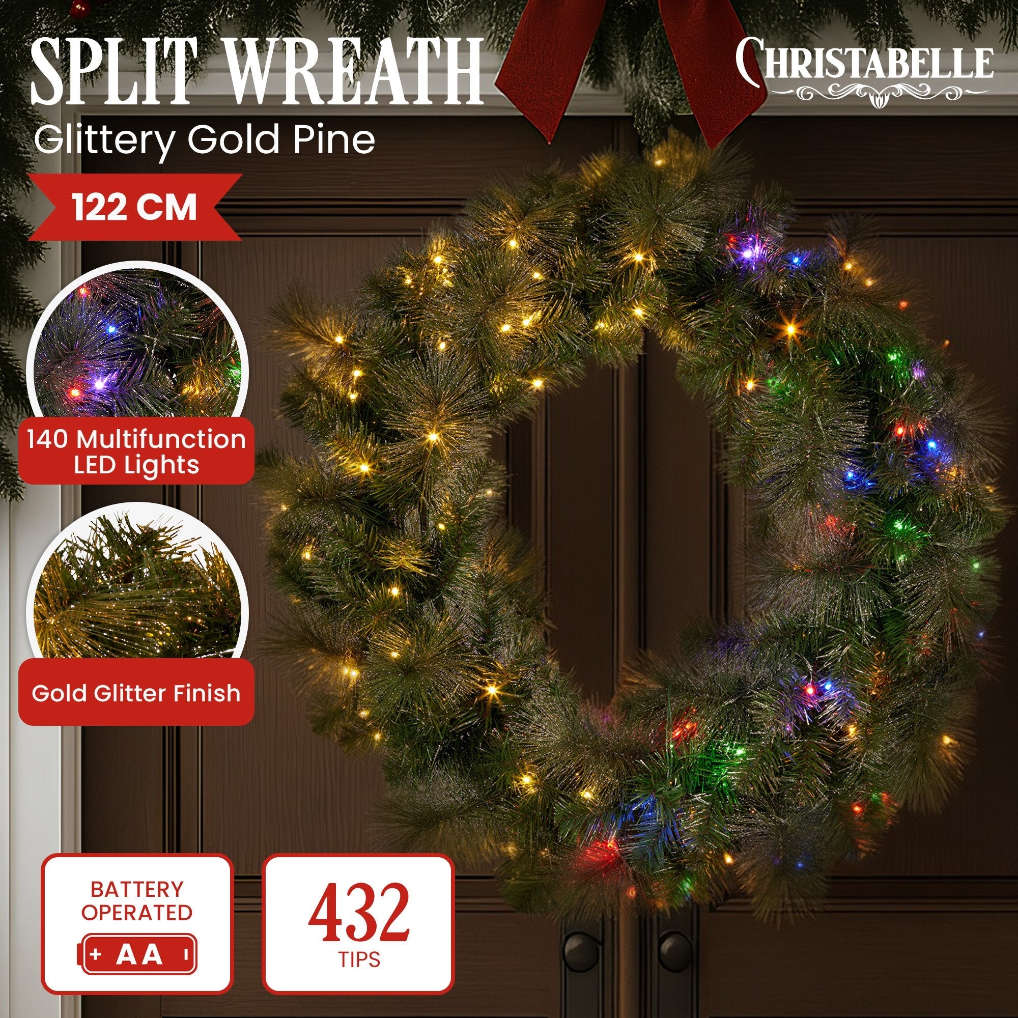 Christabelle 1.22m Split 2pc Christmas Wreath with LED Lights Pine Dual Front Doors Decoration Ornament by Xanadu Living
