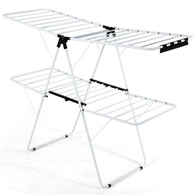 White 2 Level Foldable Clothes Drying Rack Adjustable Height by FastFurnishings