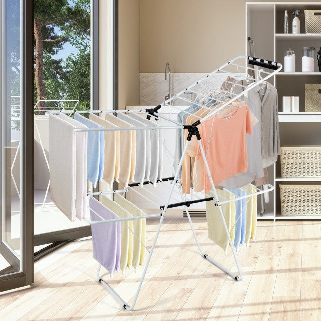 White 2 Level Foldable Clothes Drying Rack Adjustable Height by FastFurnishings