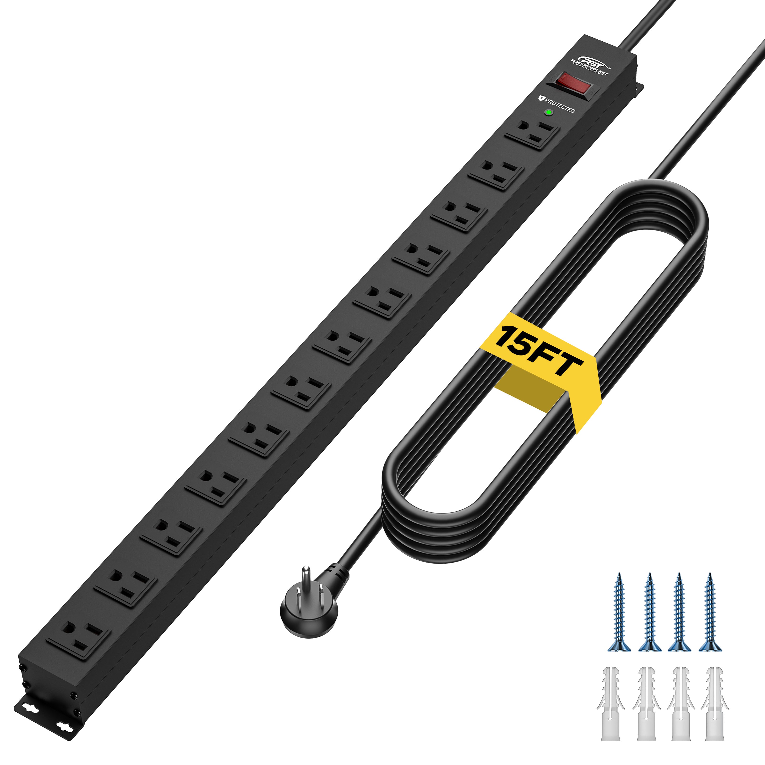 CRST 12-Outlet Metal Surge Protector Power Strip — Mountable, 2100J, 6FT/15FT Cord by CRST