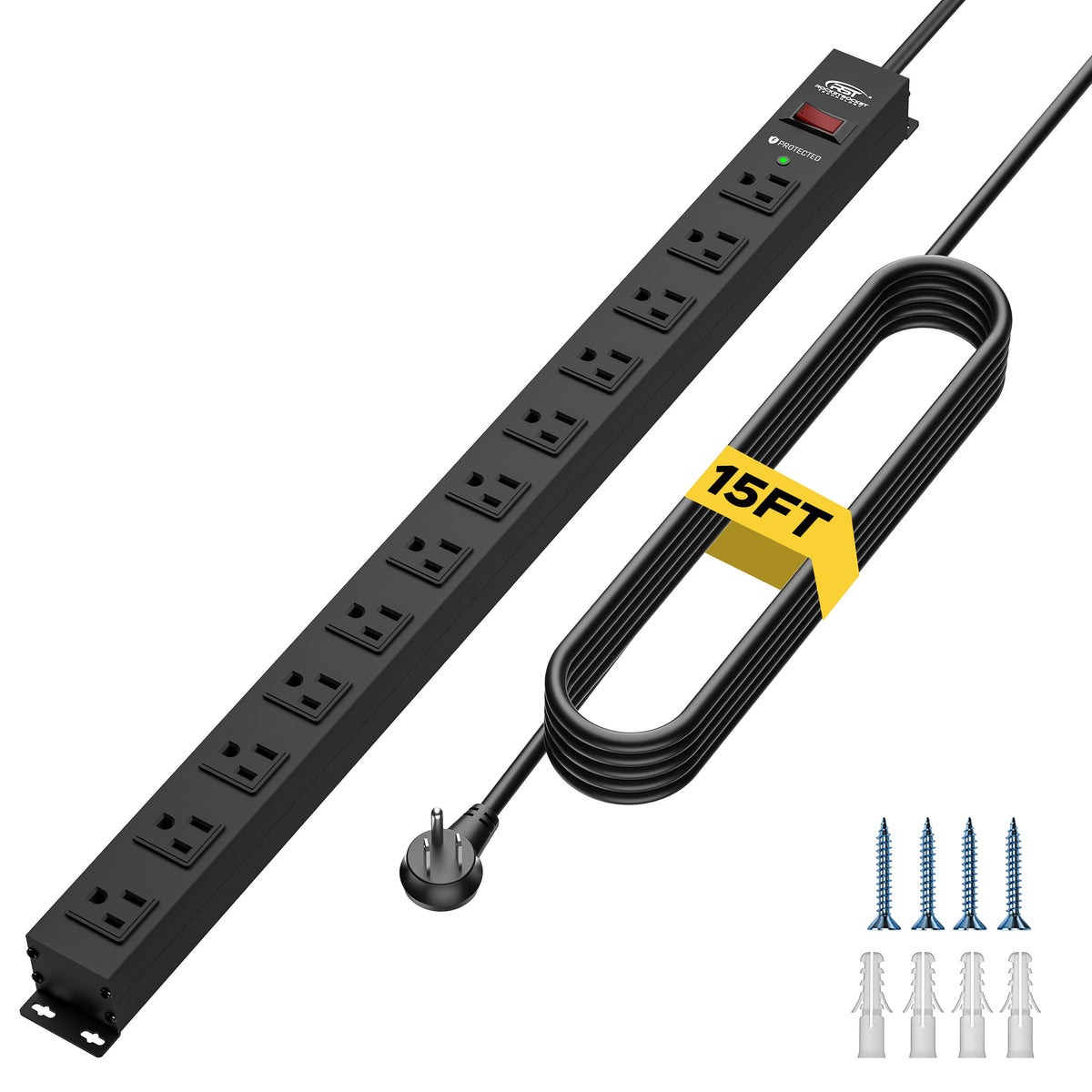CRST 12-Outlet Metal Surge Protector Power Strip — Mountable, 2100J, 6FT/15FT Cord by CRST
