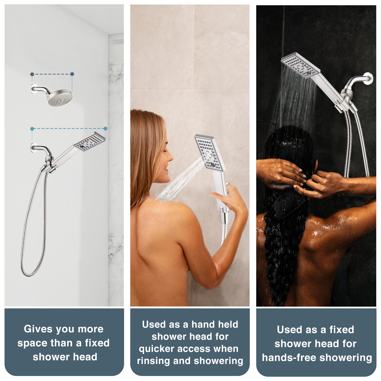 Square 3-Spray Handheld Shower Head Set with Hose and Shower Arm Mount Bracket by brightshowers