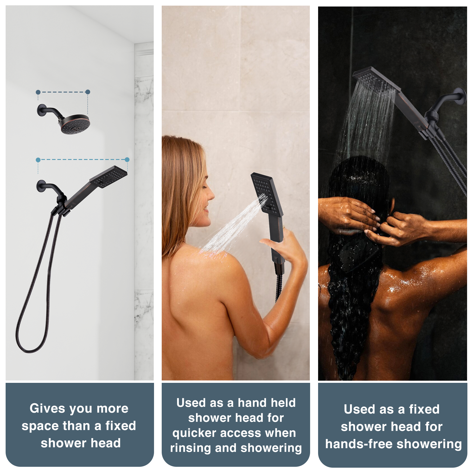 Square 3-Spray Handheld Shower Head Set with Hose and Shower Arm Mount Bracket by brightshowers