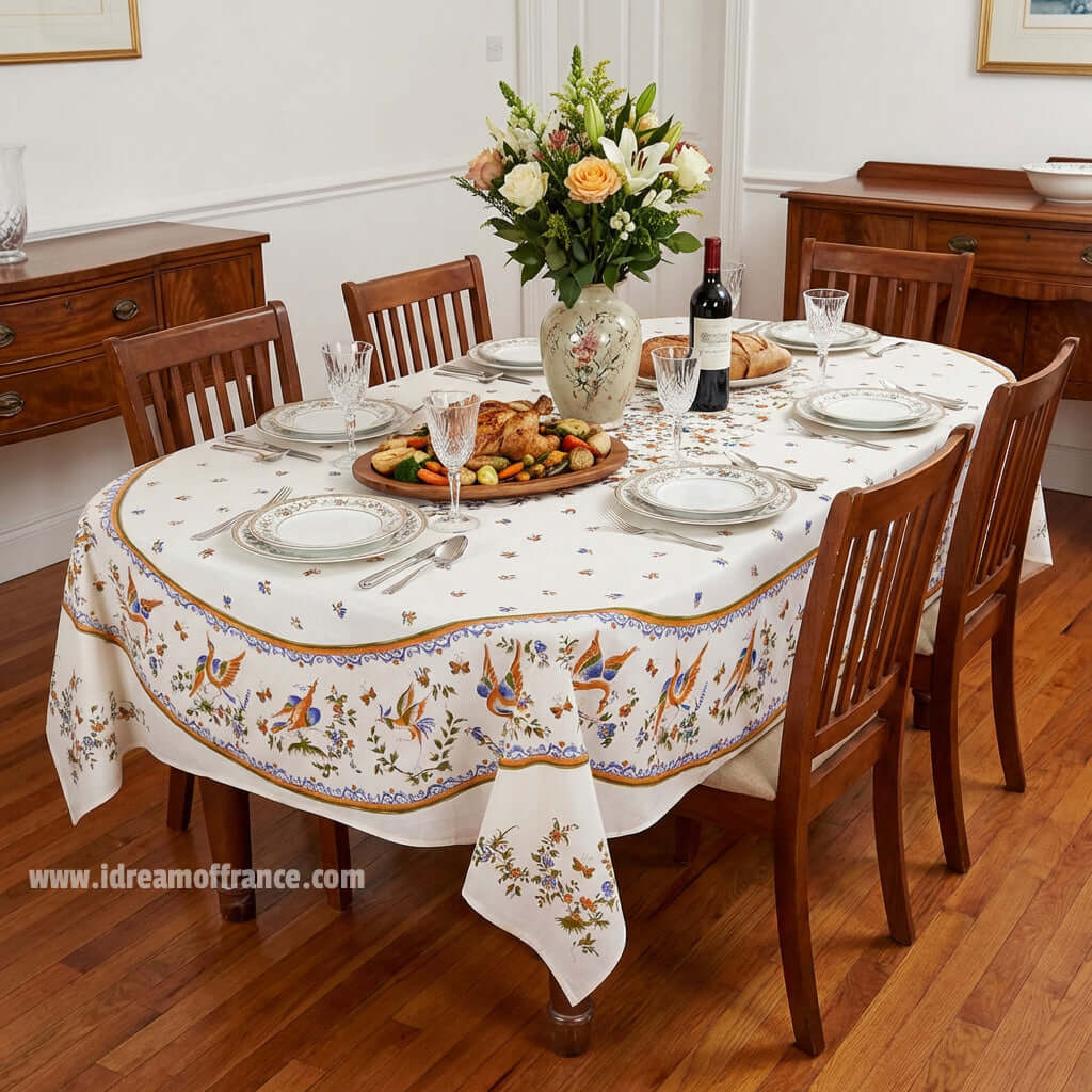 French Provencal tablecloth - Acrylic coated cotton, Spill-proof - 60x96" Rectangular - Moustiers blue | Tissus Toselli by I Dream of France