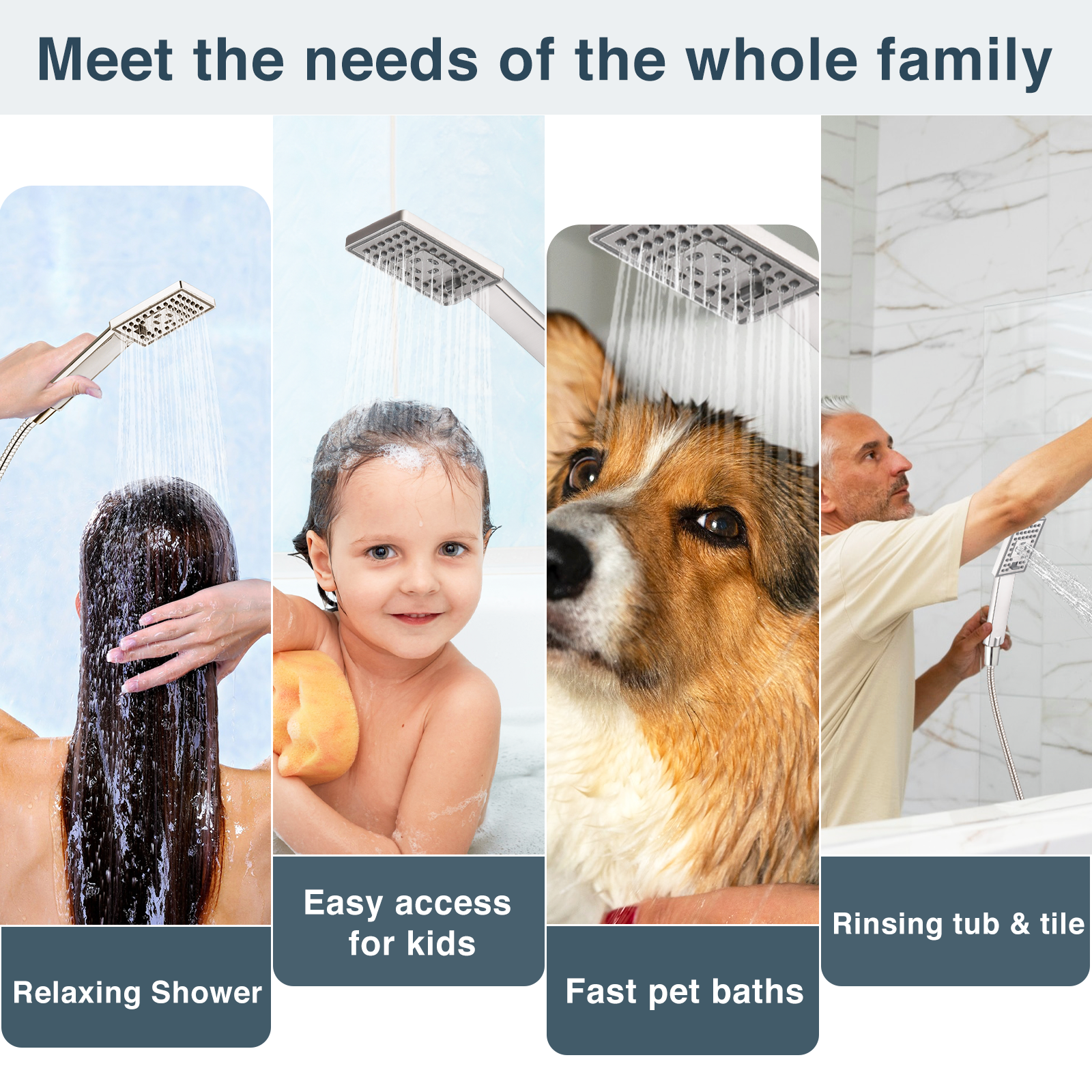 Square 3-Spray Handheld Shower Head Set with Hose and Shower Arm Mount Bracket by brightshowers
