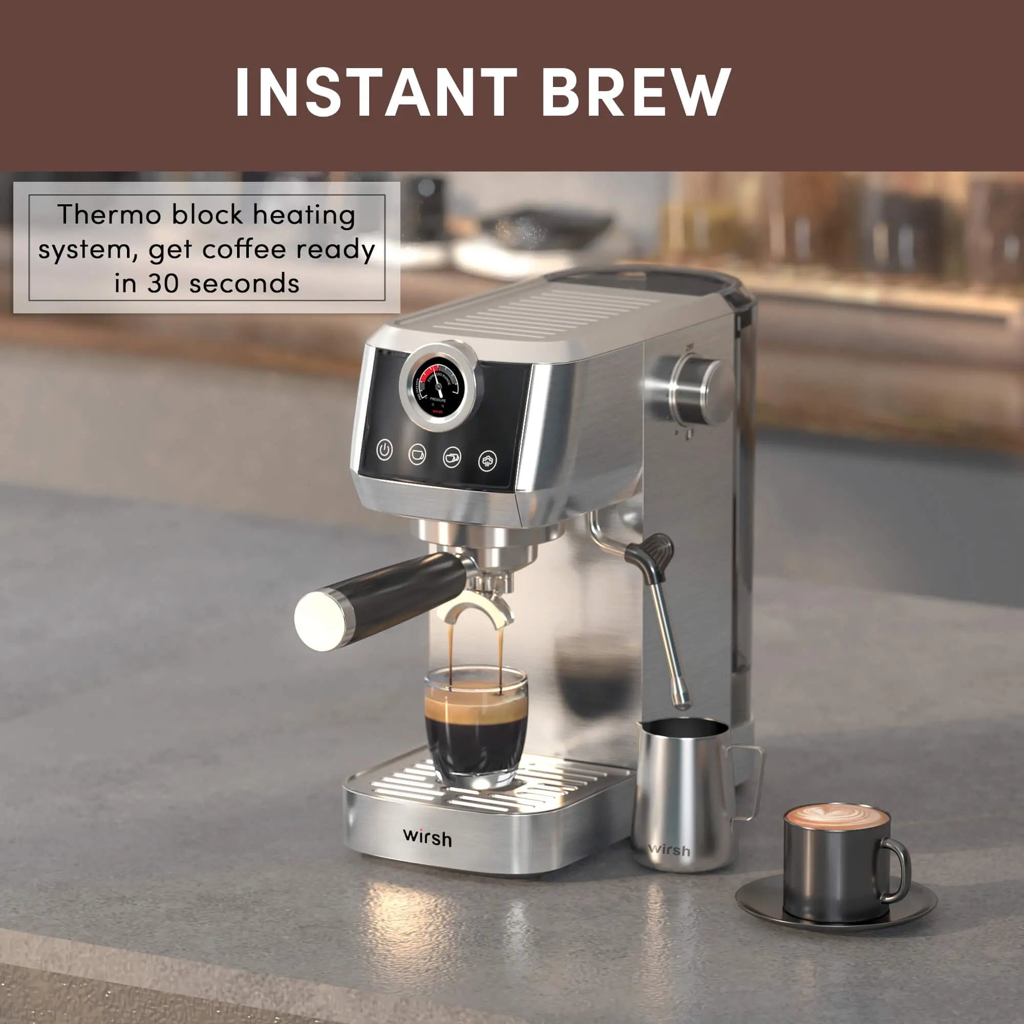 Wirsh 20 Bar Espresso Machine with Plastic Free Portafilter and Steamer, Pressure Gauge, Touch Screen, Full Stainless Steel (Home Barista Plus) by Wirsh