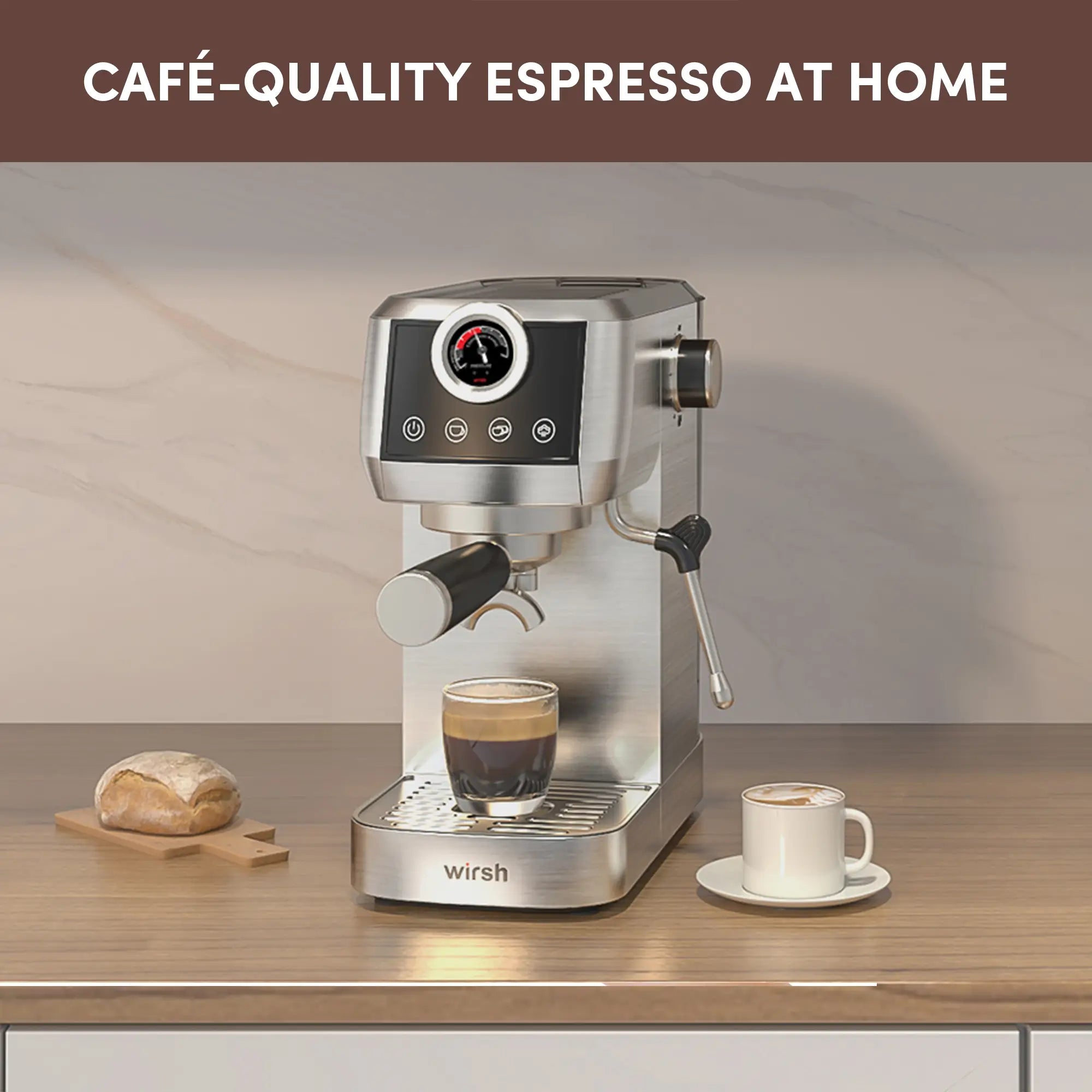Wirsh 20 Bar Espresso Machine with Plastic Free Portafilter and Steamer, Pressure Gauge, Touch Screen, Full Stainless Steel (Home Barista Plus) by Wirsh