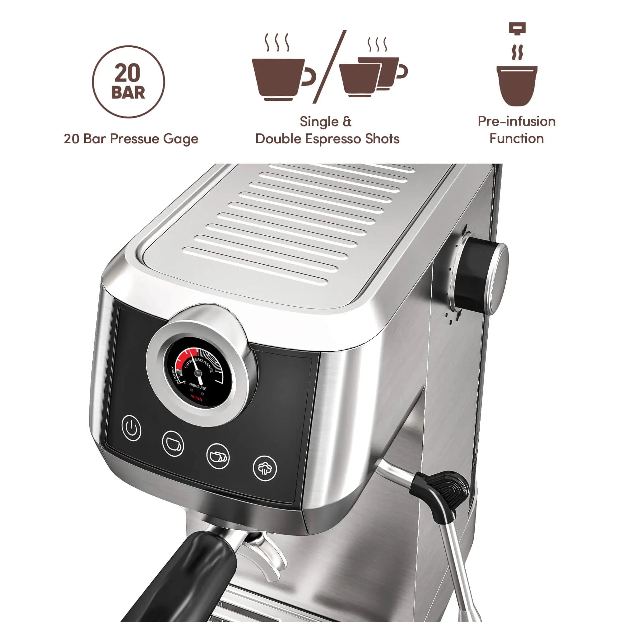 Wirsh 20 Bar Espresso Machine with Plastic Free Portafilter and Steamer, Pressure Gauge, Touch Screen, Full Stainless Steel (Home Barista Plus) by Wirsh