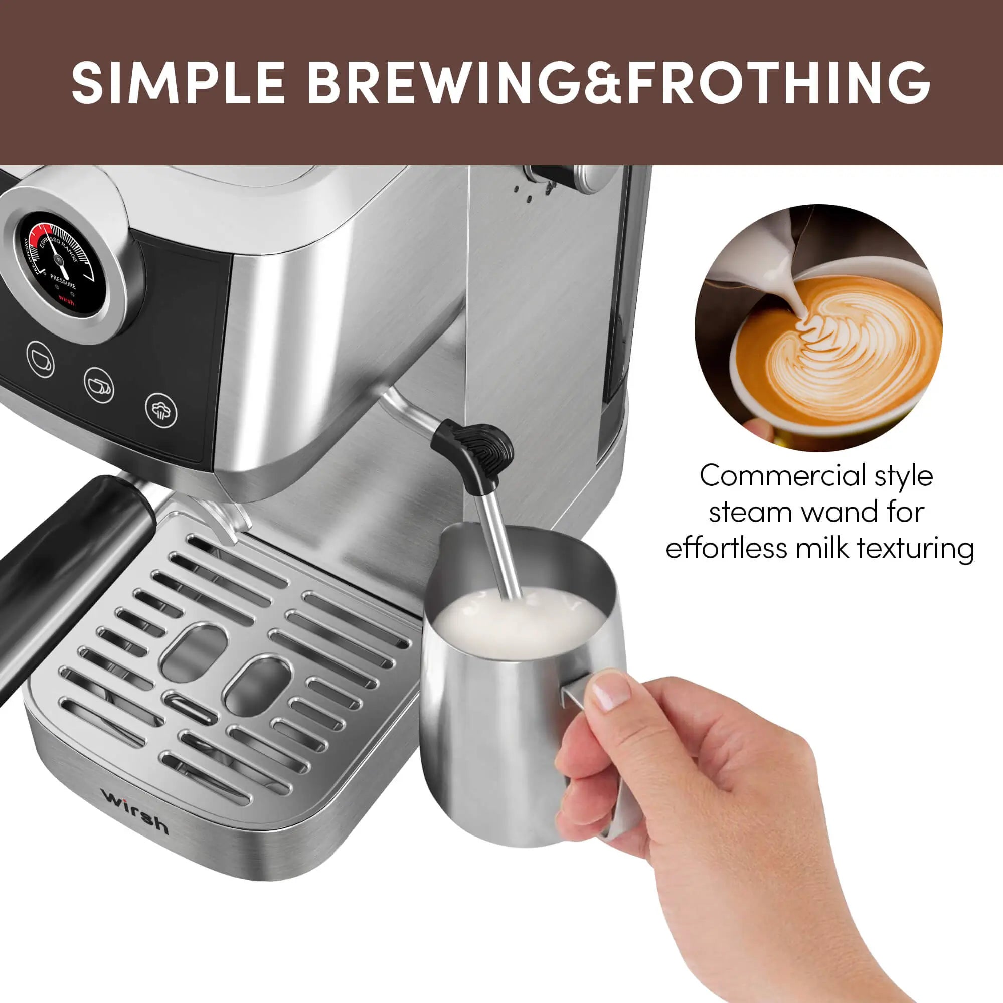 Wirsh 20 Bar Espresso Machine with Plastic Free Portafilter and Steamer, Pressure Gauge, Touch Screen, Full Stainless Steel (Home Barista Plus) by Wirsh