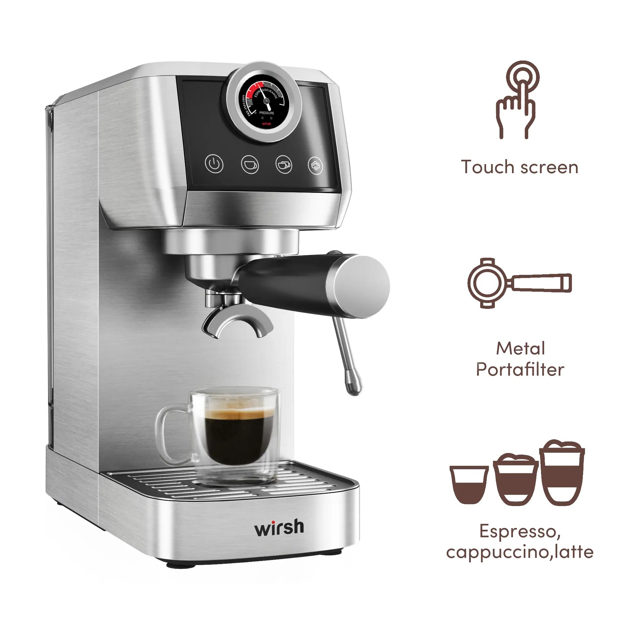 Wirsh 20 Bar Espresso Machine with Plastic Free Portafilter and Steamer, Pressure Gauge, Touch Screen, Full Stainless Steel (Home Barista Plus) by Wirsh