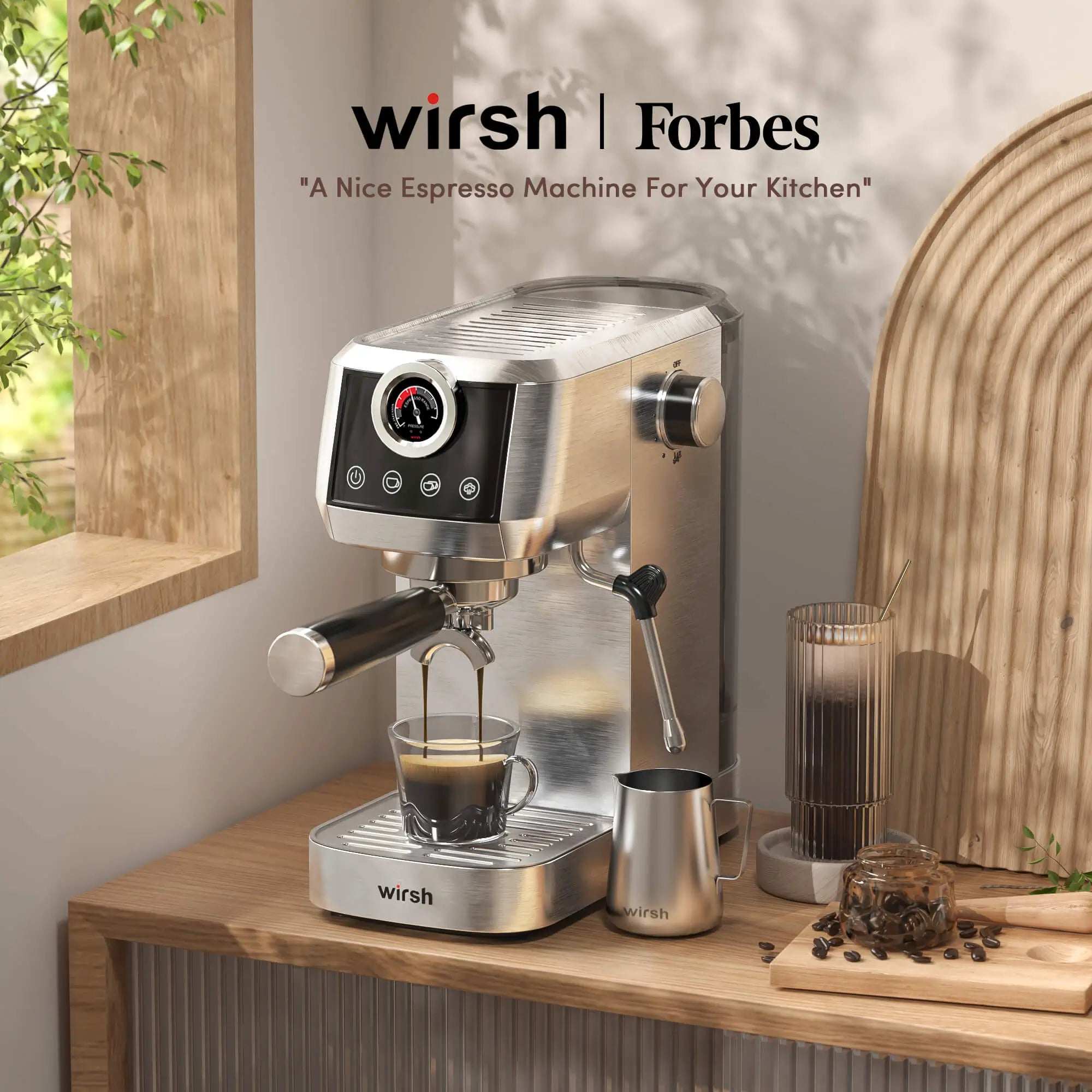 Wirsh 20 Bar Espresso Machine with Plastic Free Portafilter and Steamer, Pressure Gauge, Touch Screen, Full Stainless Steel (Home Barista Plus) by Wirsh